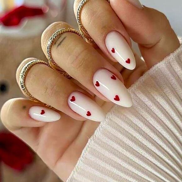 None Other - Valentines Day White Almond Red Heart 24 Piece Set Kawaii Nails